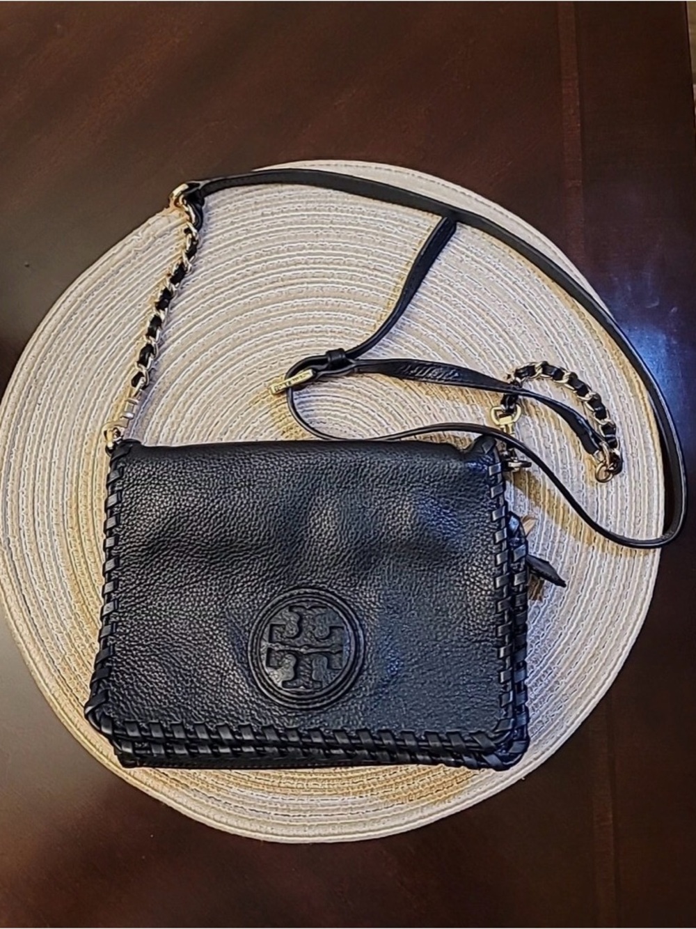 Tory Burch Black Braided Trim Leather Crossbody with Logo Medallion